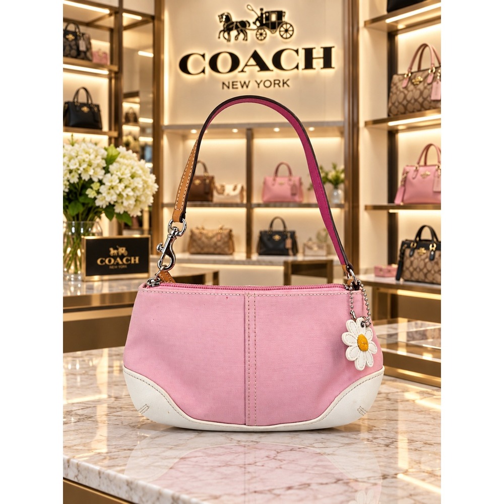 Coach Pink Canvas White Leather Trim Mini Baguette Wristlet with Daisy Charm
